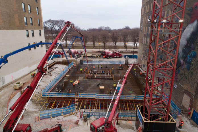 Concrete placed more than 3,890 cubic yards of concrete for 1000M, which will be one of the city’s tallest apartment buildings at 788 feet when it delivers in 2025. Photo courtesy of McHugh Concrete